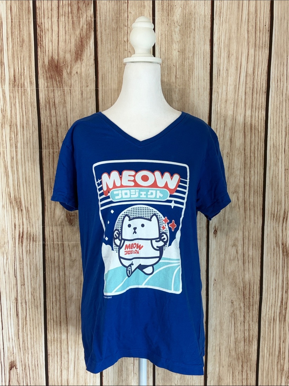 Live and Tell Apparel Bright Blue MEOW Graphic V-Neck Jogging Cat Tee